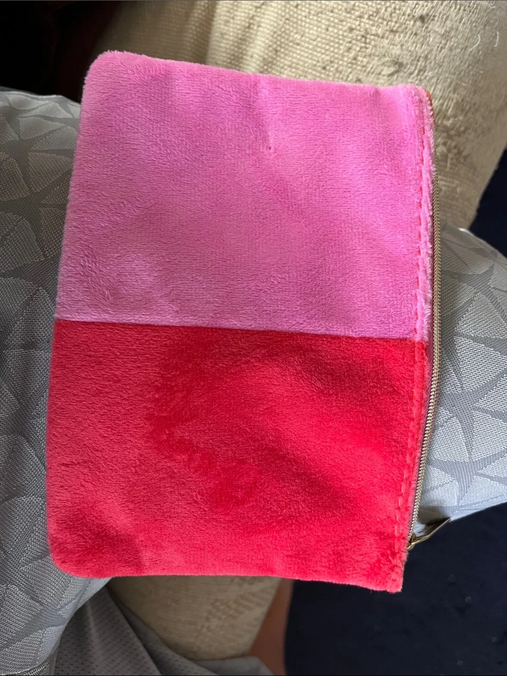 ipsy Pink and Red Two-Tone Velvet Cosmetic Pouch